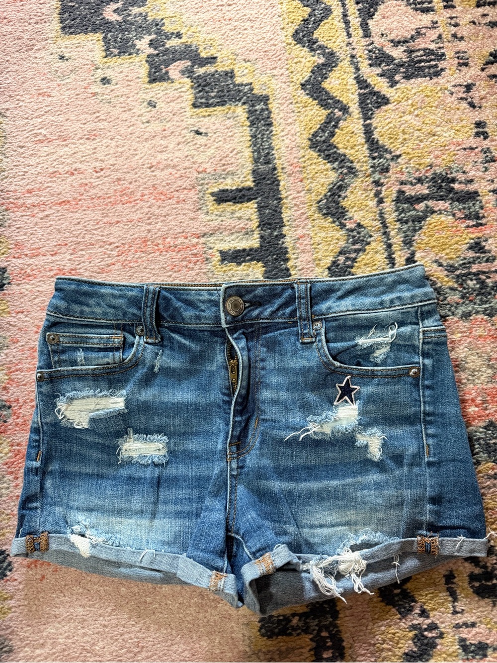 Women's Blue Distressed Denim Shorts with Star Patch